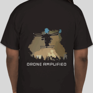 T-Shirt with drone and fire in background, and with D.A. wordmark